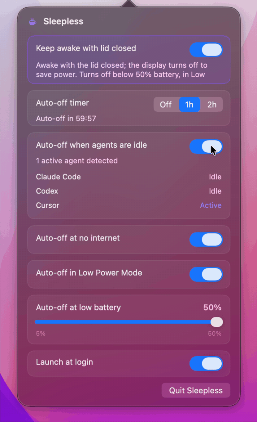 The Sleepless menu-bar popover: keep-awake switch on, a 1h auto-off timer counting down, agent-idle auto-off with Claude Code, Codex, and Cursor listed, no-internet and Low Power Mode cutoffs, a battery-floor slider, and a launch-at-login toggle